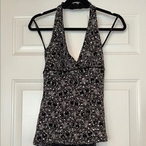 Studio Y Halter Y2K Top L Black Embroidered Lined Glam Evening Dressy Stretch